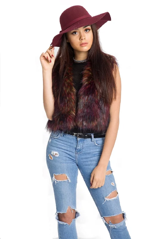 Burgundy Cropped Multi Colour Faux Fur Gilet