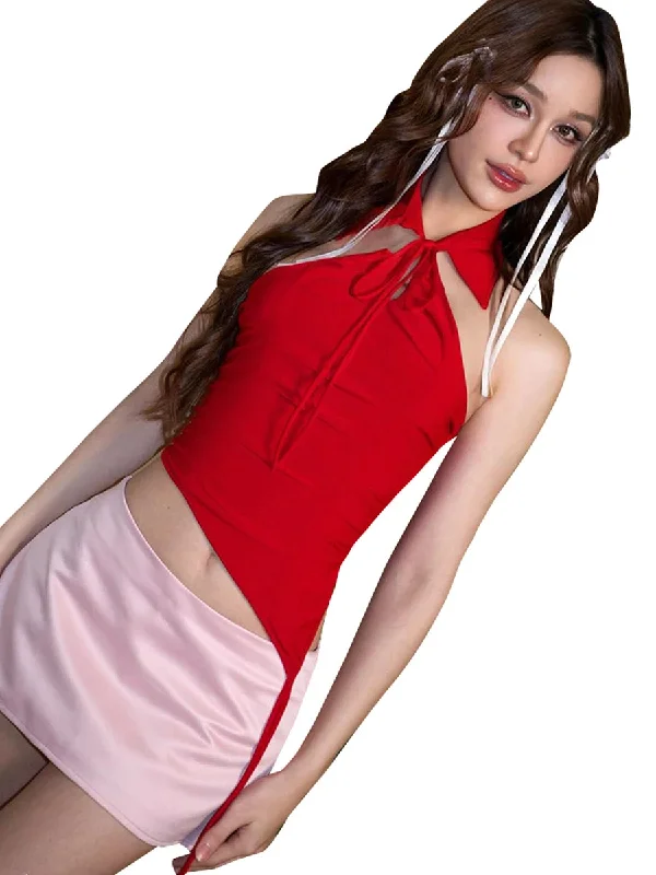 2024 Red Vintage Solid Hollow Lapel Backless Asymmetric Suit Neck Flutter Tank Top