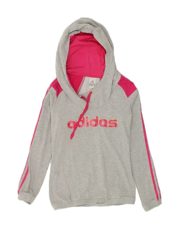 ADIDAS Womens Graphic Hoodie Jumper UK 10 Small Grey Colourblock Cotton