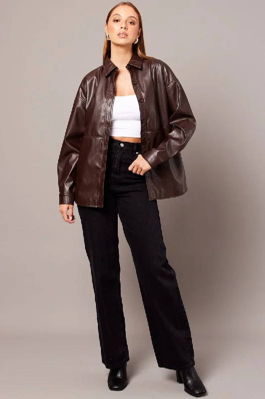 Brown Faux Leather Shacket Long Sleeves