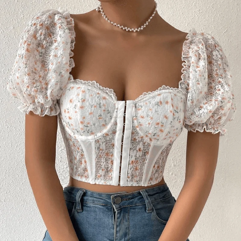 KittenAlarm - Cassie Sweetheart Floral Hook And Eye Crop Top