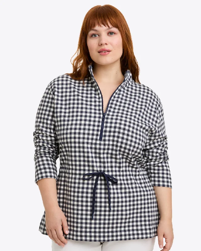 Cinch Waist Quarter-Zip in Navy Gingham