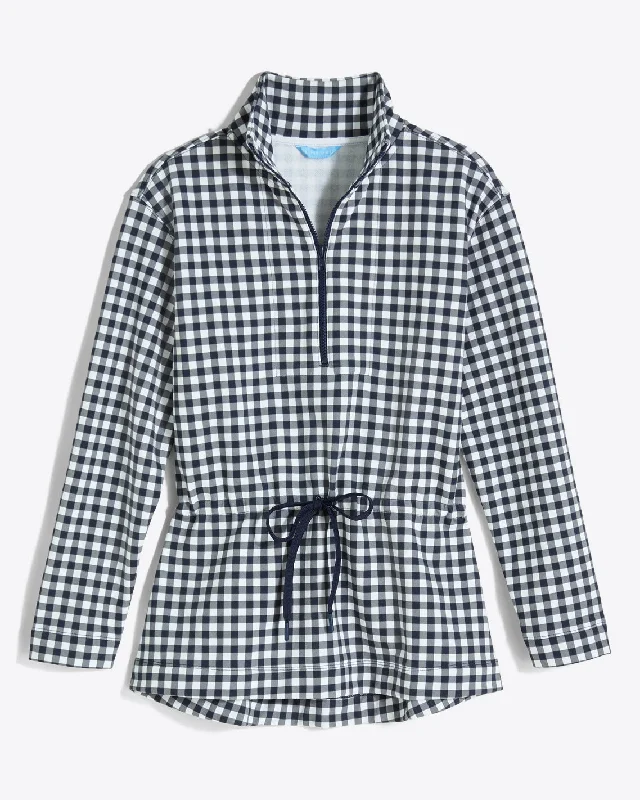 Cinch Waist Quarter-Zip in Navy Gingham