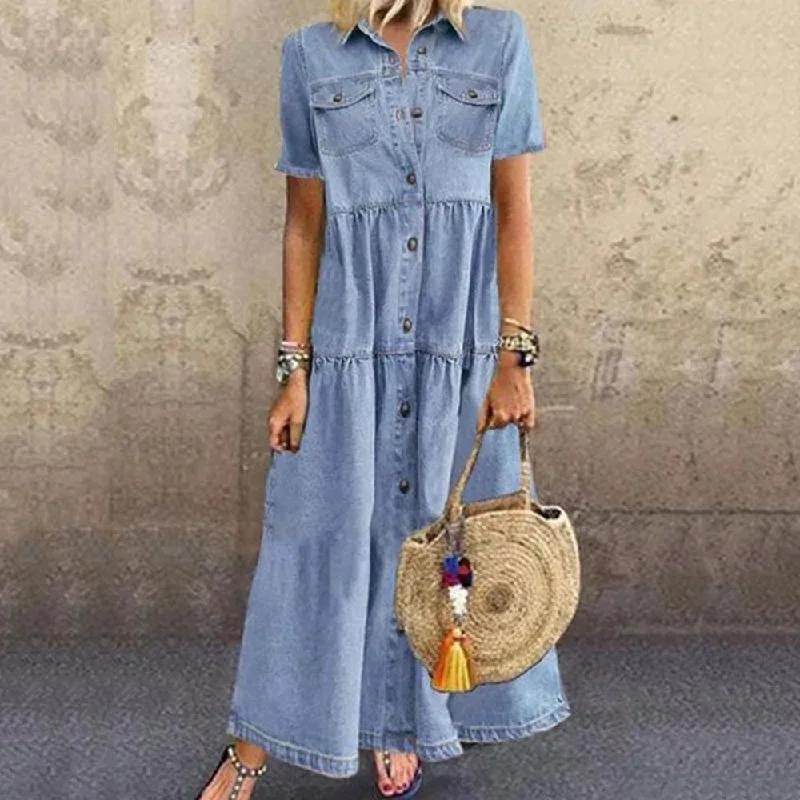 Denim Style Long Multi-buckle Distressed Dress +