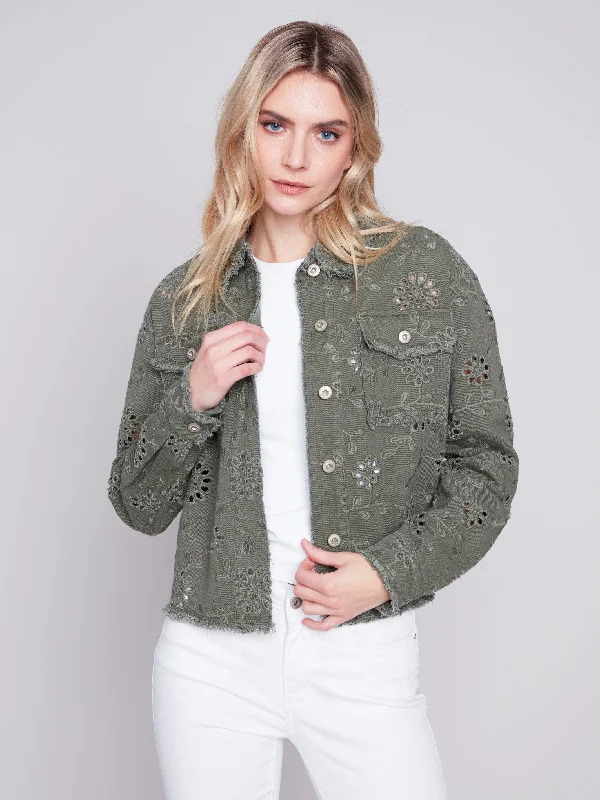 Embroidered Eyelet Denim Jacket - Celadon