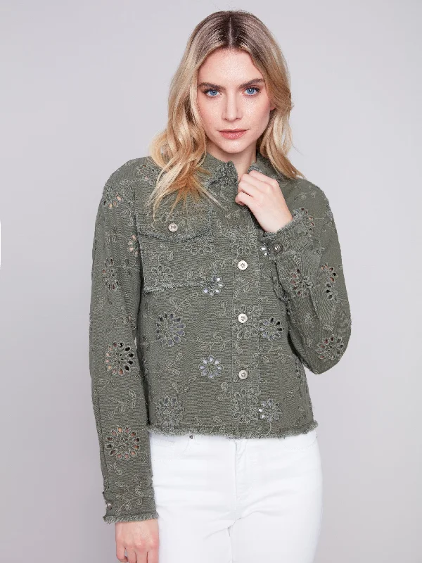 Embroidered Eyelet Denim Jacket - Celadon