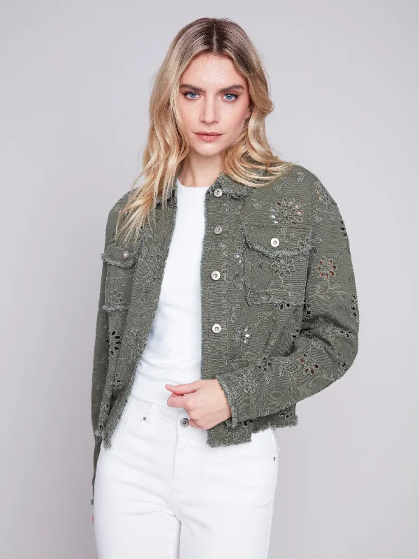 Embroidered Eyelet Denim Jacket - Celadon