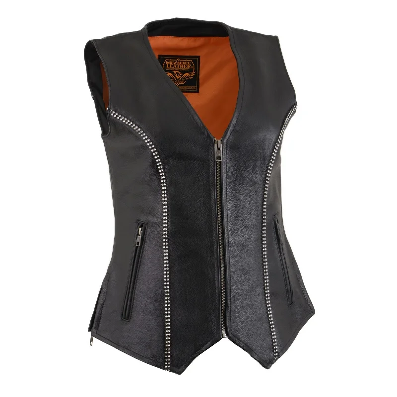 Milwaukee Leather MLL4502 Women's Black Leather Classic V-Neck Motorcycle Rider Vest with Rhinestone Bling Detail