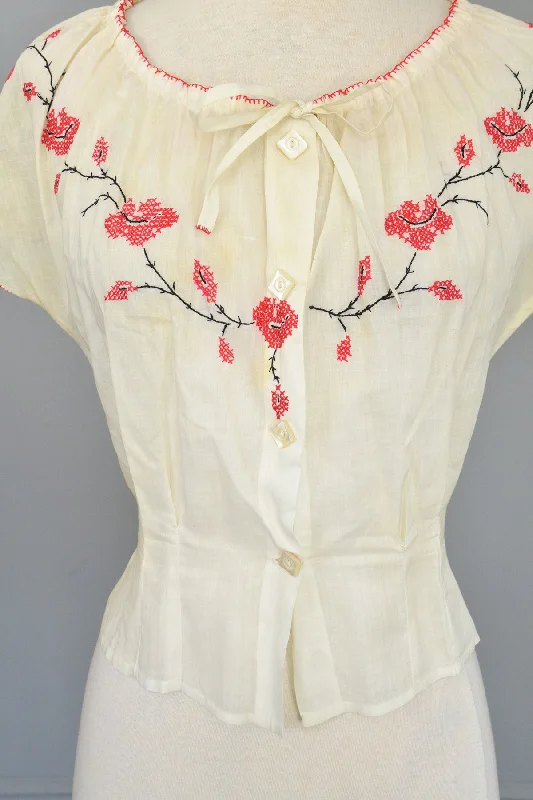 Off White Cotton Peasant Blouse with Red Cross Stitch Embroidery