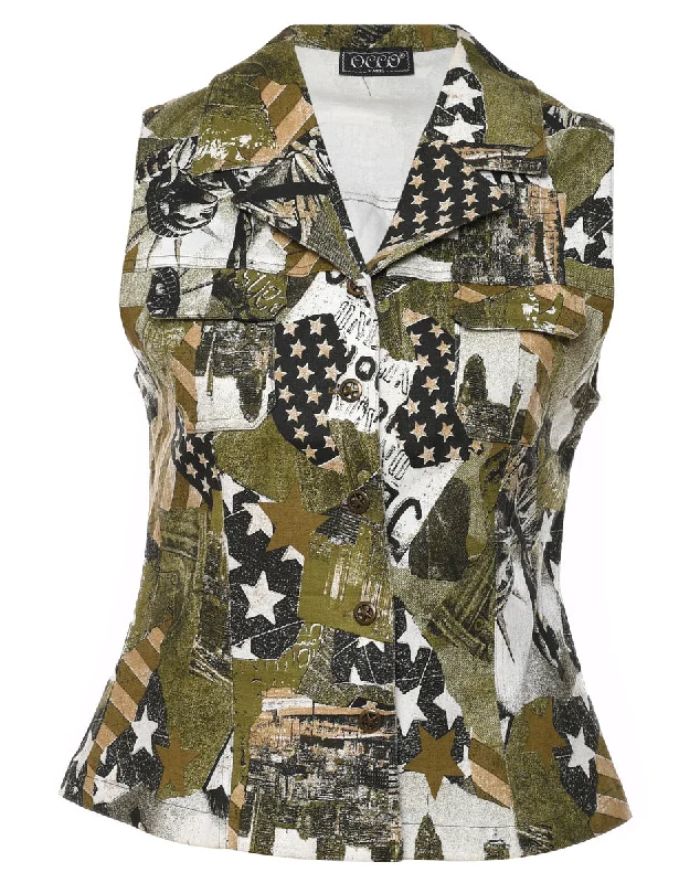 Olive Green & Black Y2K Printed Waistcoat - S