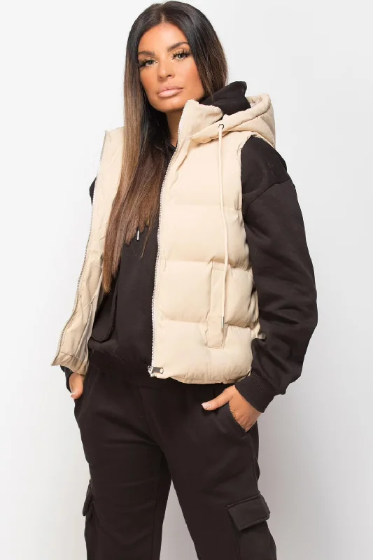 Padded Hooded Gilet Sleeveless Jacket Stone