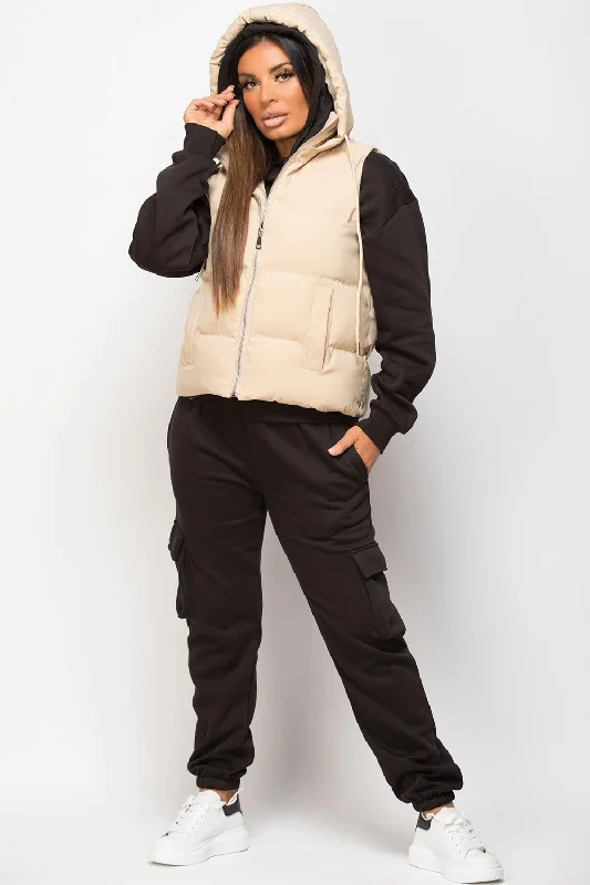 Padded Hooded Gilet Sleeveless Jacket Stone