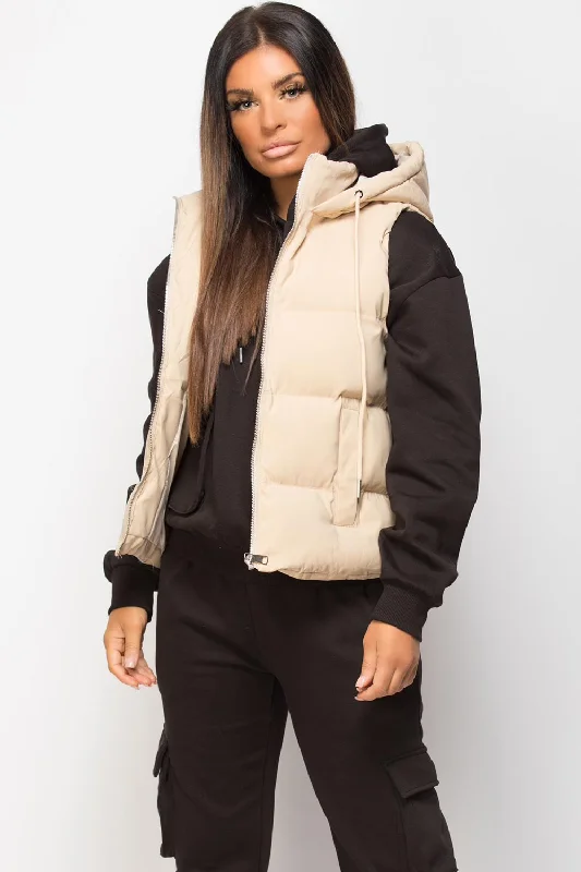 Padded Hooded Gilet Sleeveless Jacket Stone