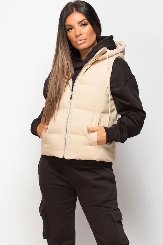 Padded Hooded Gilet Sleeveless Jacket Stone