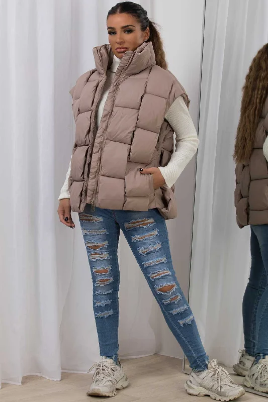 Quilted Padded Gilet With Woven Detail Beige