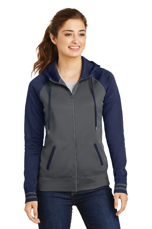 Sport-Tek Womens Sport-Wick Moisture Wicking Fleece Hooded Sweatshirt Hoodie - Dark Smoke Grey/Navy Blue