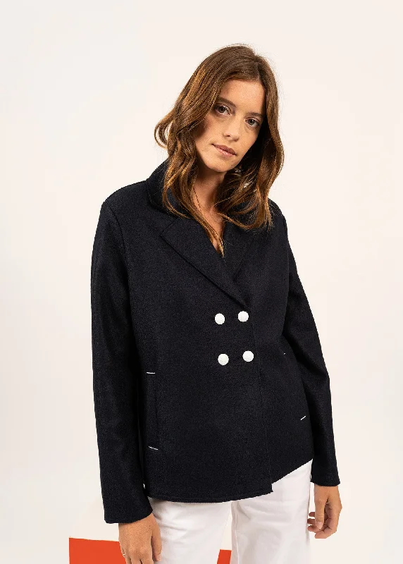 Veste en laine bouillie Cabourg - courte, à détails contrastés (NAVY)