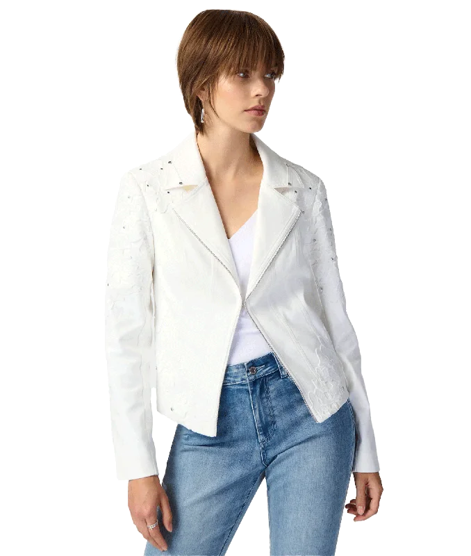 Tudded Foiled Suede Jacket With Floral Appliqué - White