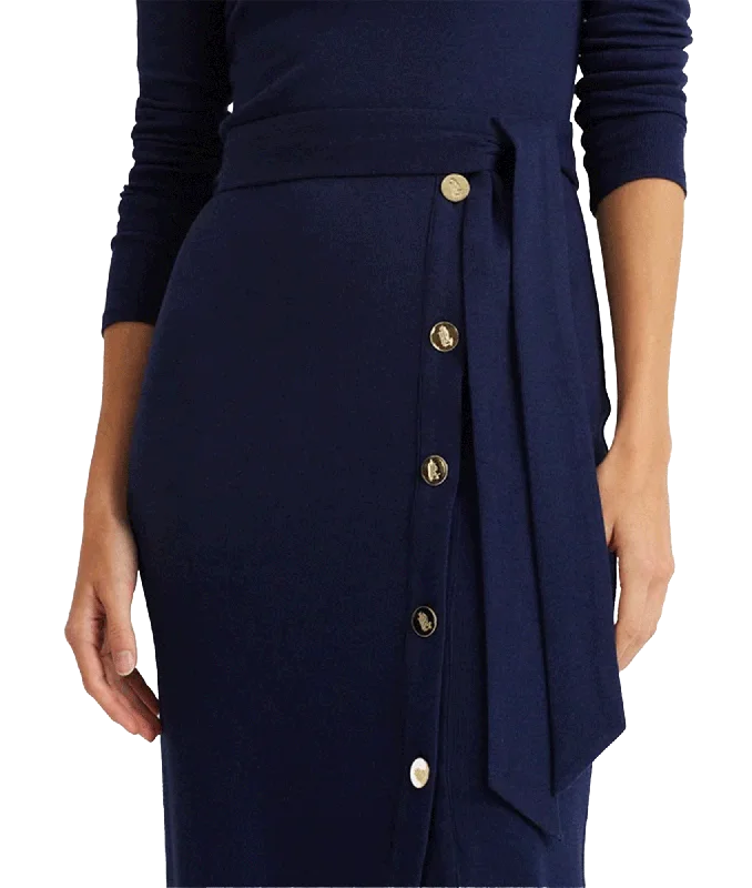 Belted Navy Rib-Knit Dress - Navy