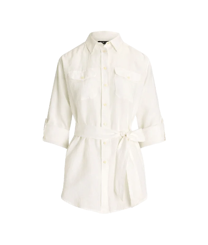 Relaxed Fit Belted Linen Shirt - White