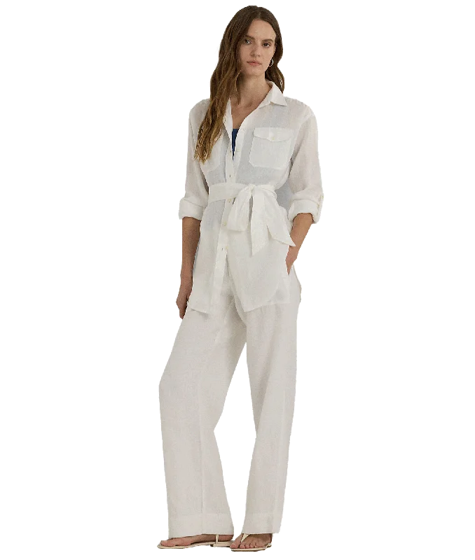 Relaxed Fit Belted Linen Shirt - White