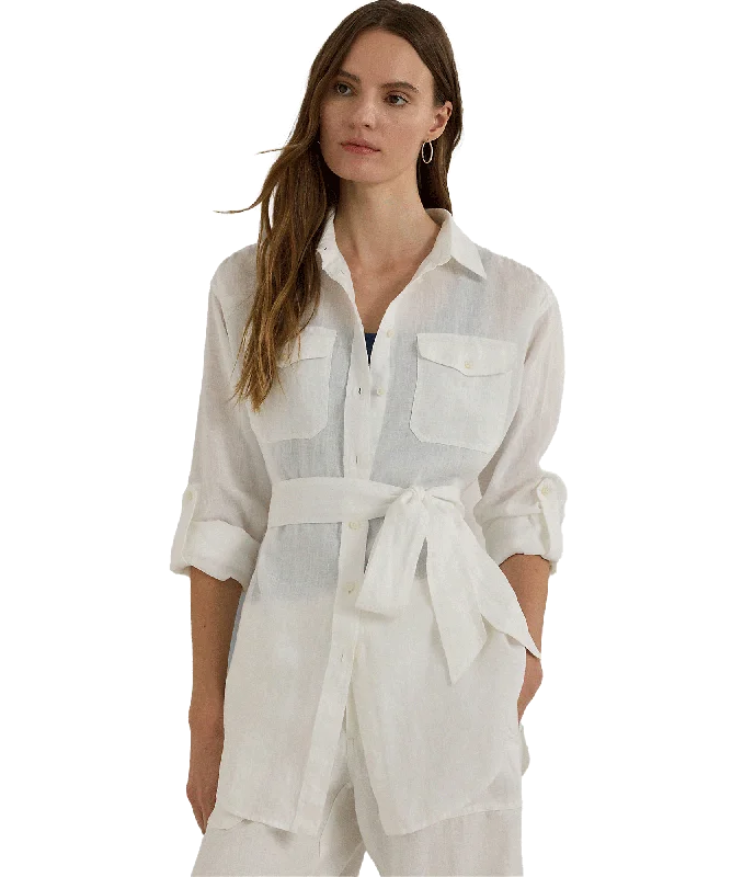 Relaxed Fit Belted Linen Shirt - White