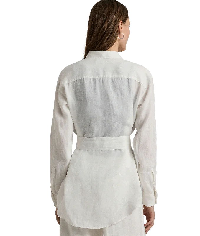 Relaxed Fit Belted Linen Shirt - White