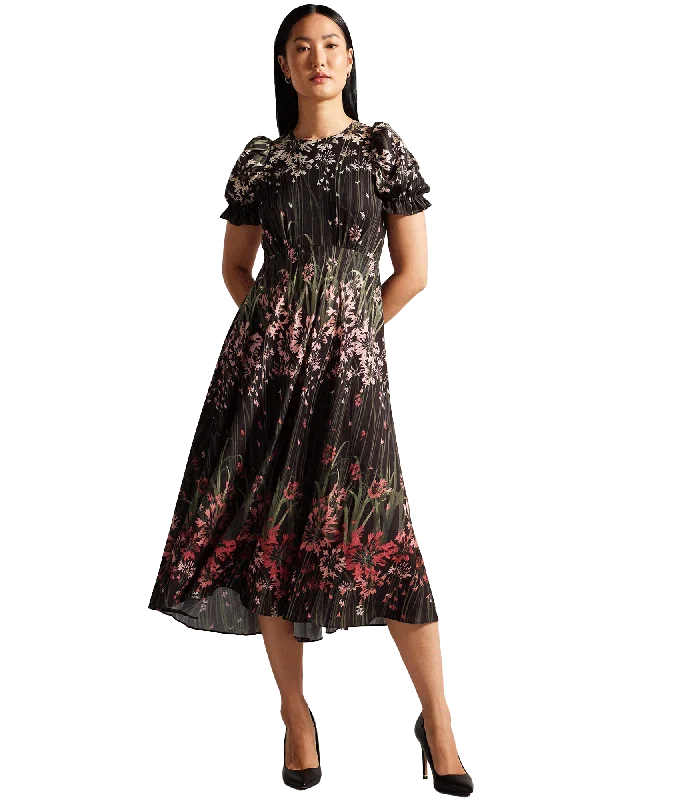 Floral Midi Dress With Puff Sleeves - Black