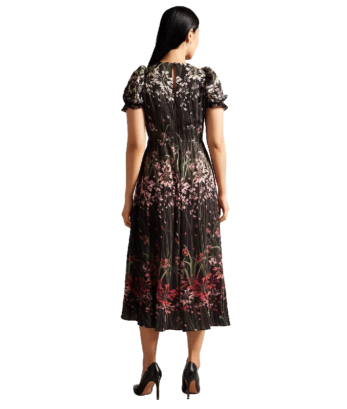 Floral Midi Dress With Puff Sleeves - Black