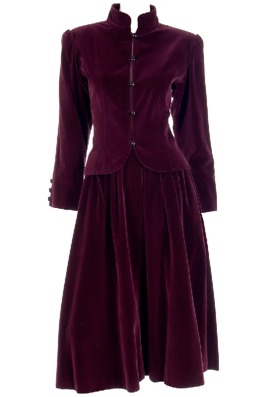 1980s YSL Russian Inspired Wine Burgundy Velvet Suit Outfit w/ Skirt & Jacket