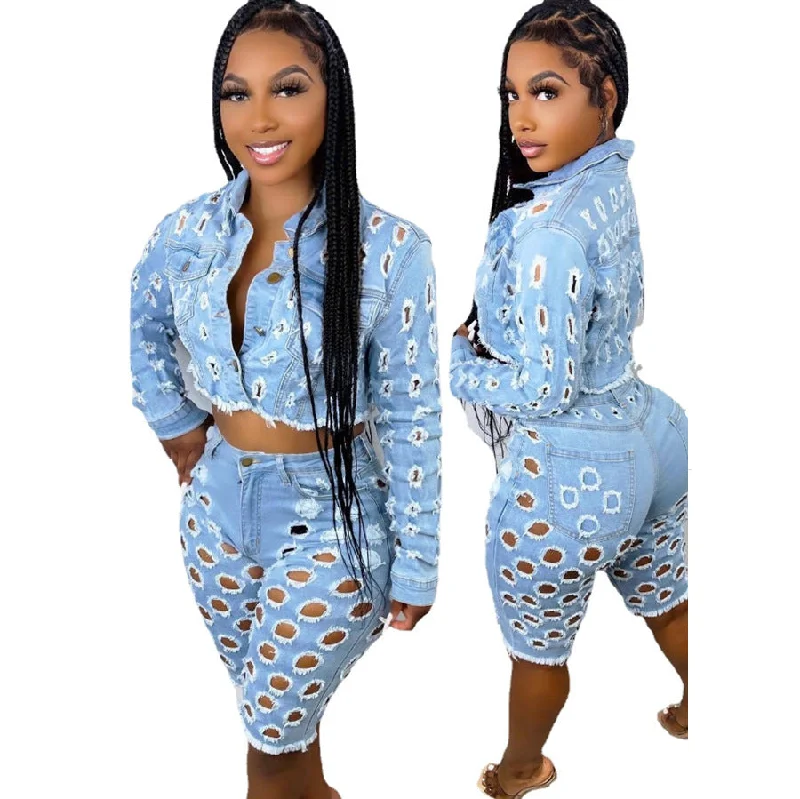 Summer american clothing Women  Fashion Denim Jeans Coats Jackets Sets Two Piece Sets