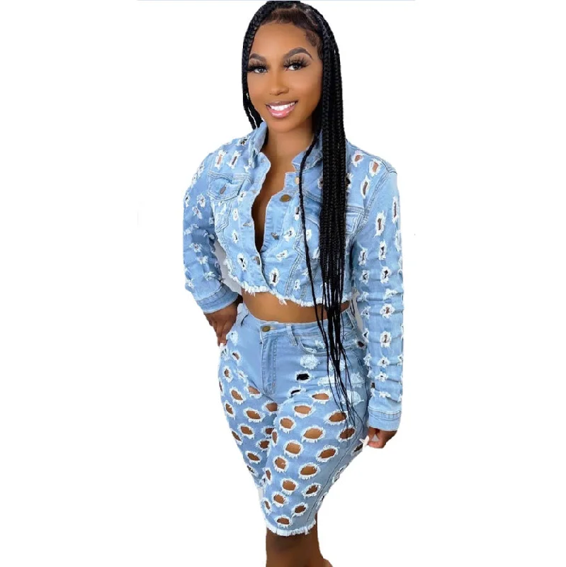 Summer american clothing Women  Fashion Denim Jeans Coats Jackets Sets Two Piece Sets