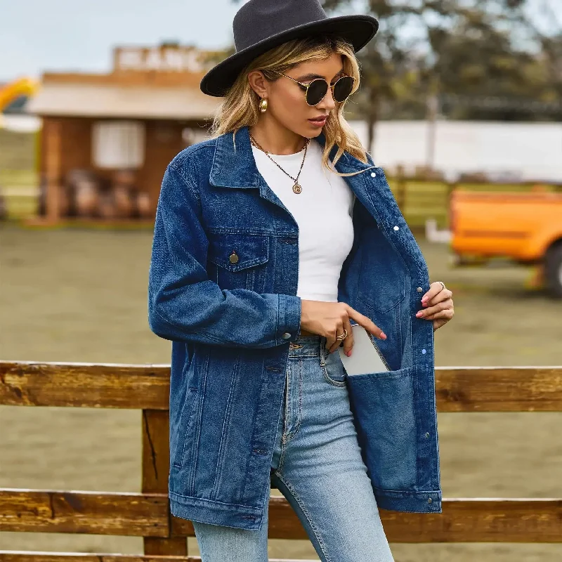 Classic Versatile Denim Jacket Women Fashion Loose Mid Length Jeans Casual Female Coat