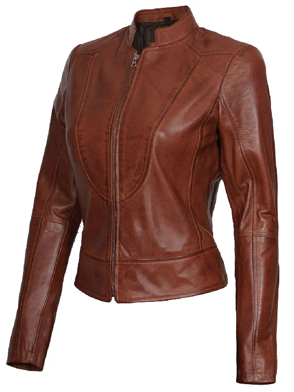 Amy Women Cognac Cafe Racer Leather Jacket