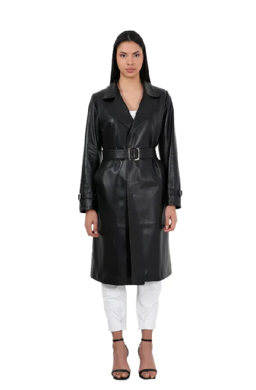 Barya NewYork Ladies Black Soft Lambskin Double Breasted Belted Trench Coat