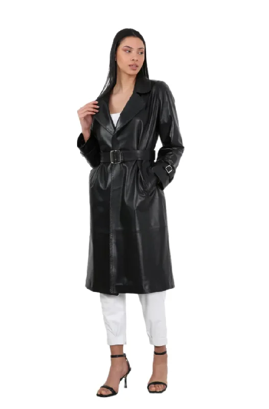 Barya NewYork Ladies Black Soft Lambskin Double Breasted Belted Trench Coat