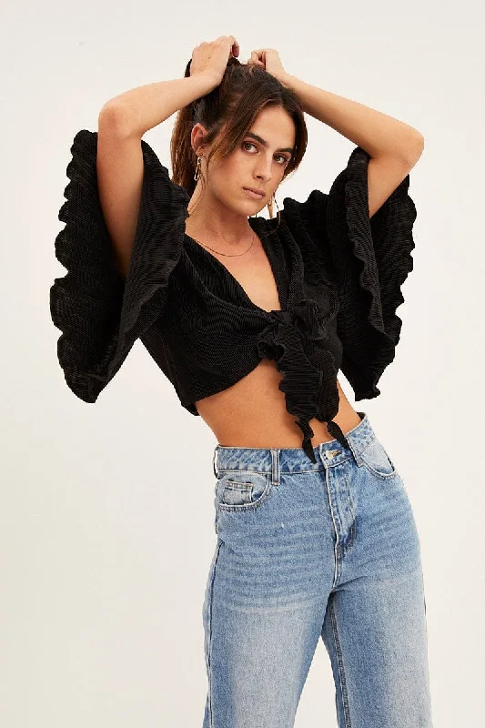 Black Plisse Bolero Half Sleeve Tie Front Crop