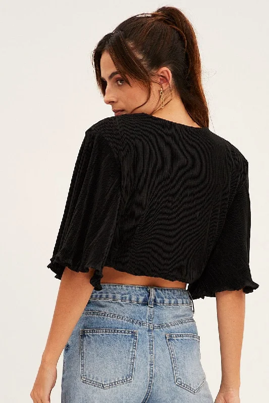 Black Plisse Bolero Half Sleeve Tie Front Crop