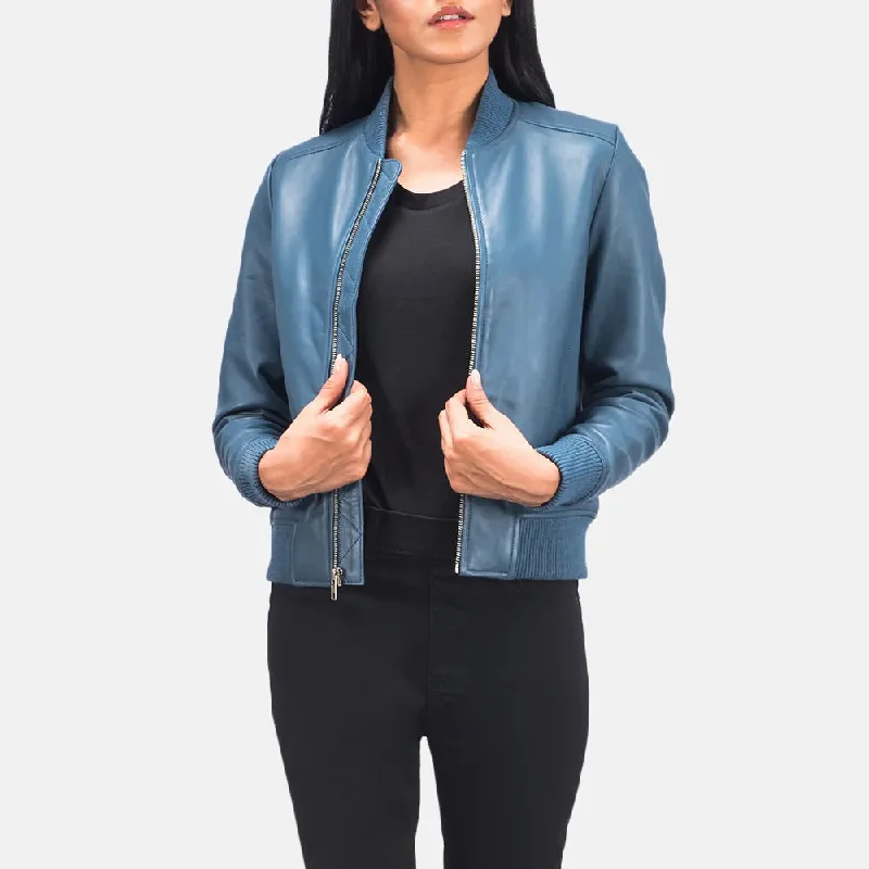 Blue Bomber Jacket Women in Sheepskin Leather