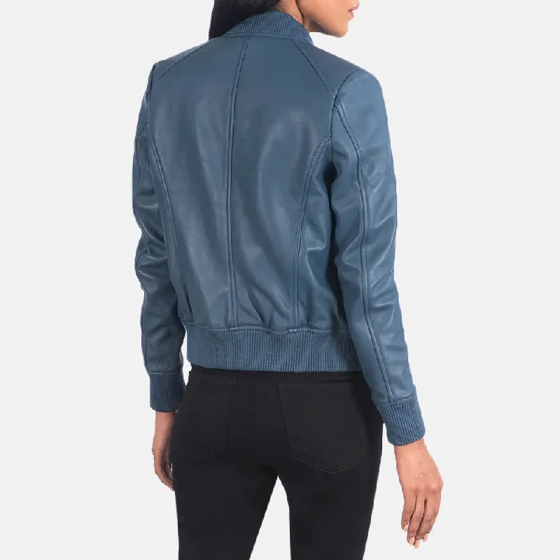 Blue Bomber Jacket Women in Sheepskin Leather