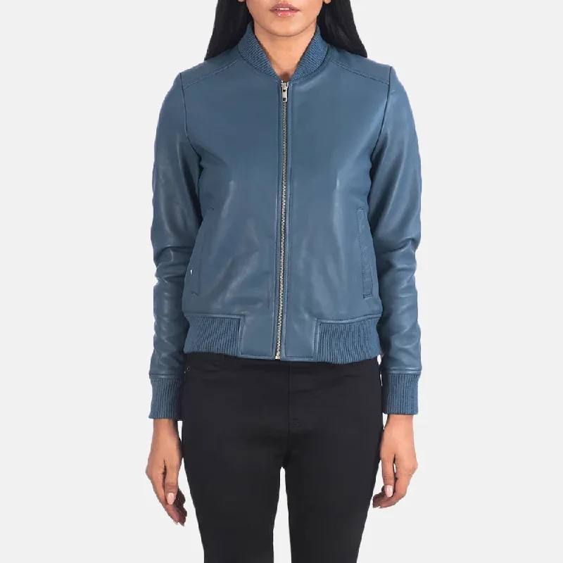 Blue Bomber Jacket Women in Sheepskin Leather