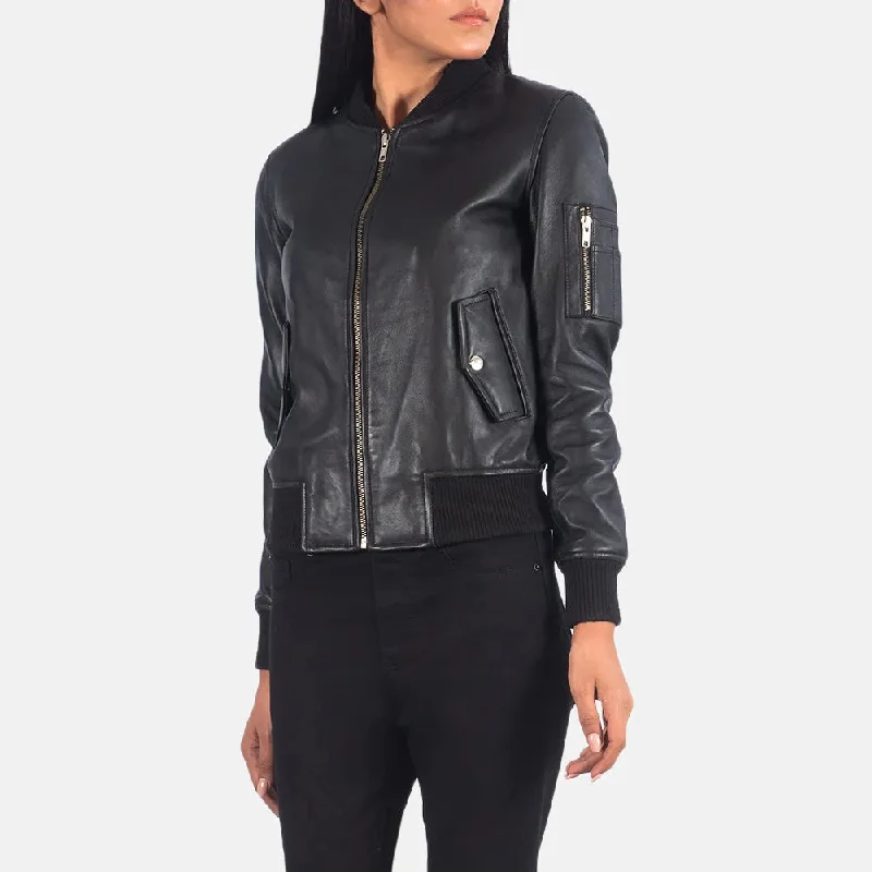 Women's Black Leather Bomber Jacket Winter