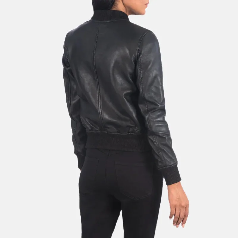 Women's Black Leather Bomber Jacket Winter