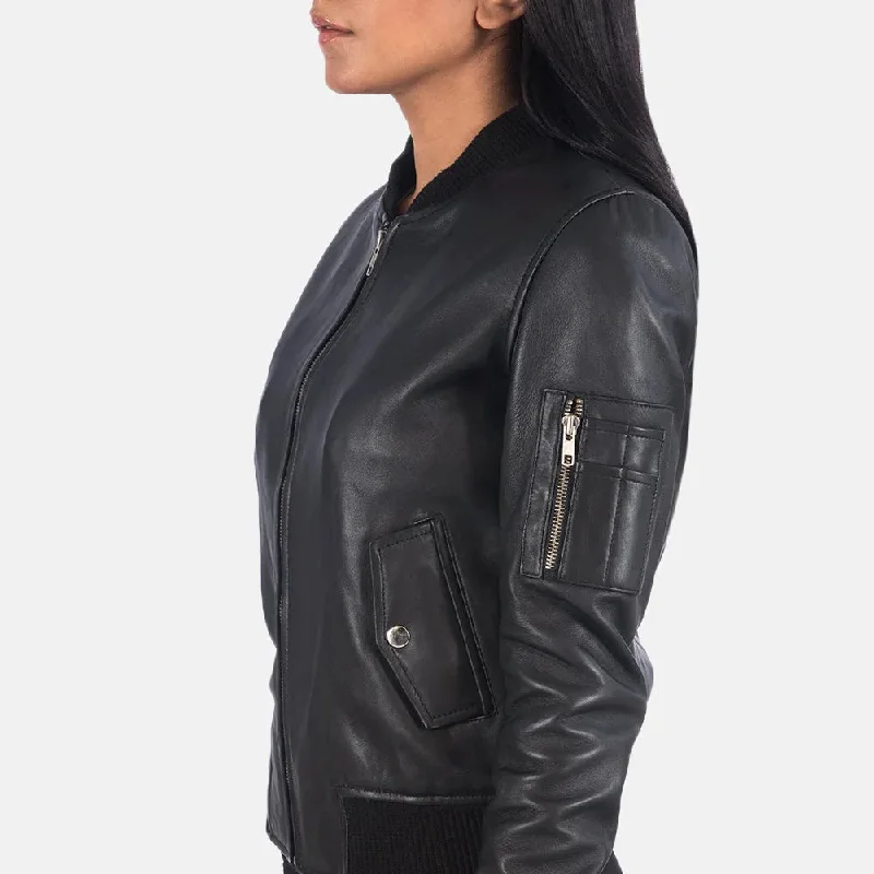 Women's Black Leather Bomber Jacket Winter