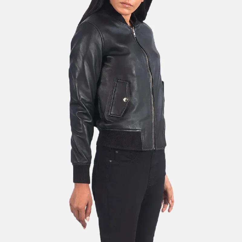 Women's Black Leather Bomber Jacket Winter