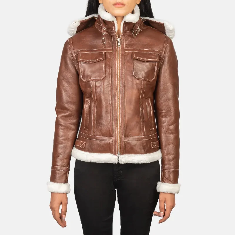 Brown Bomber Jacket Leather with Removable Hood