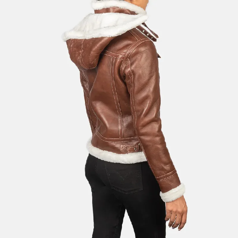 Brown Bomber Jacket Leather with Removable Hood