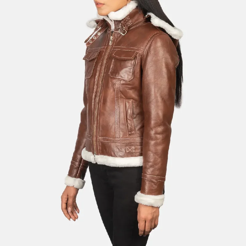 Brown Bomber Jacket Leather with Removable Hood