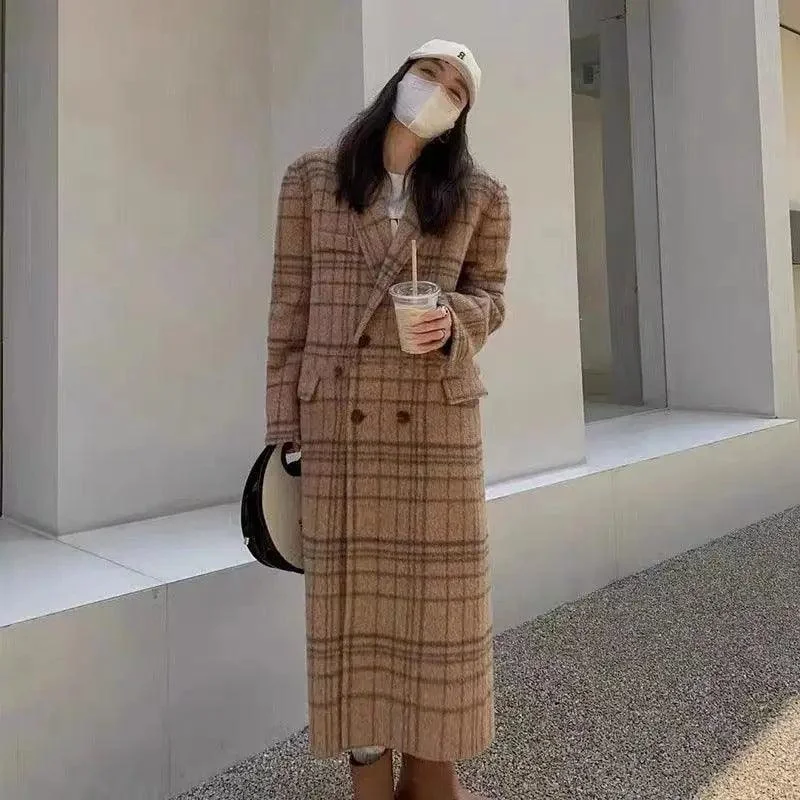 Checked Double-sided Wool Coat For Women Long Knee-length