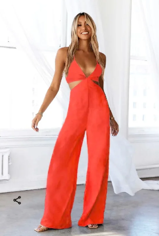 Cut Out Waist Wide Leg Orange Jumpsuit